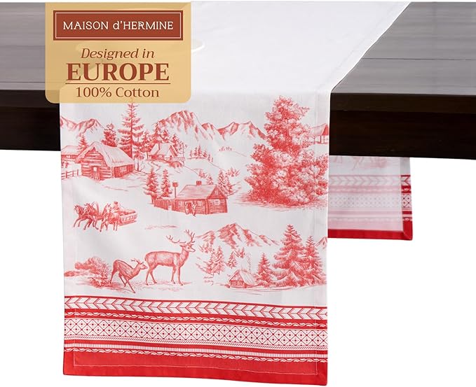 Maison d' Hermine Table Runner 100% Cotton Single Layer Table Runners 72 inches Long for Thanksgiving Christmas Decorations Home Kitchen Dining Party Wedding (Winter Jouy, 14.5" x 72")