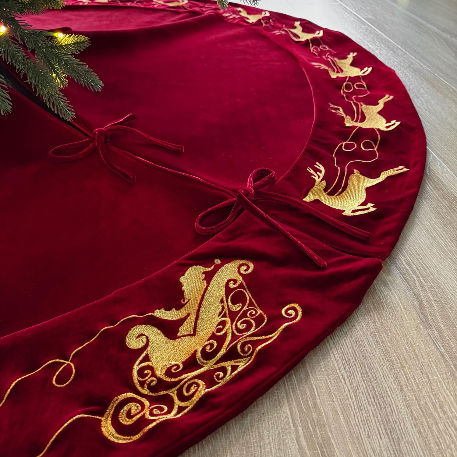 60-Inch Velvet Christmas Tree Skirt with Gold Reindeer and Santa’s Sleigh Embroidery, Lace Tie Closures, Wine