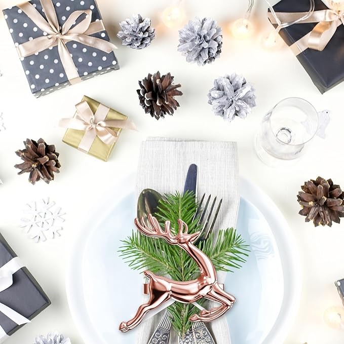 ZeeDix Set of 8 Rose Gold Elk Chic Napkin Rings for Christmas Dinning Table Setting-Wedding Receptions, Christmas, Thanksgiving and Home Kitchen for Casual or Formal
