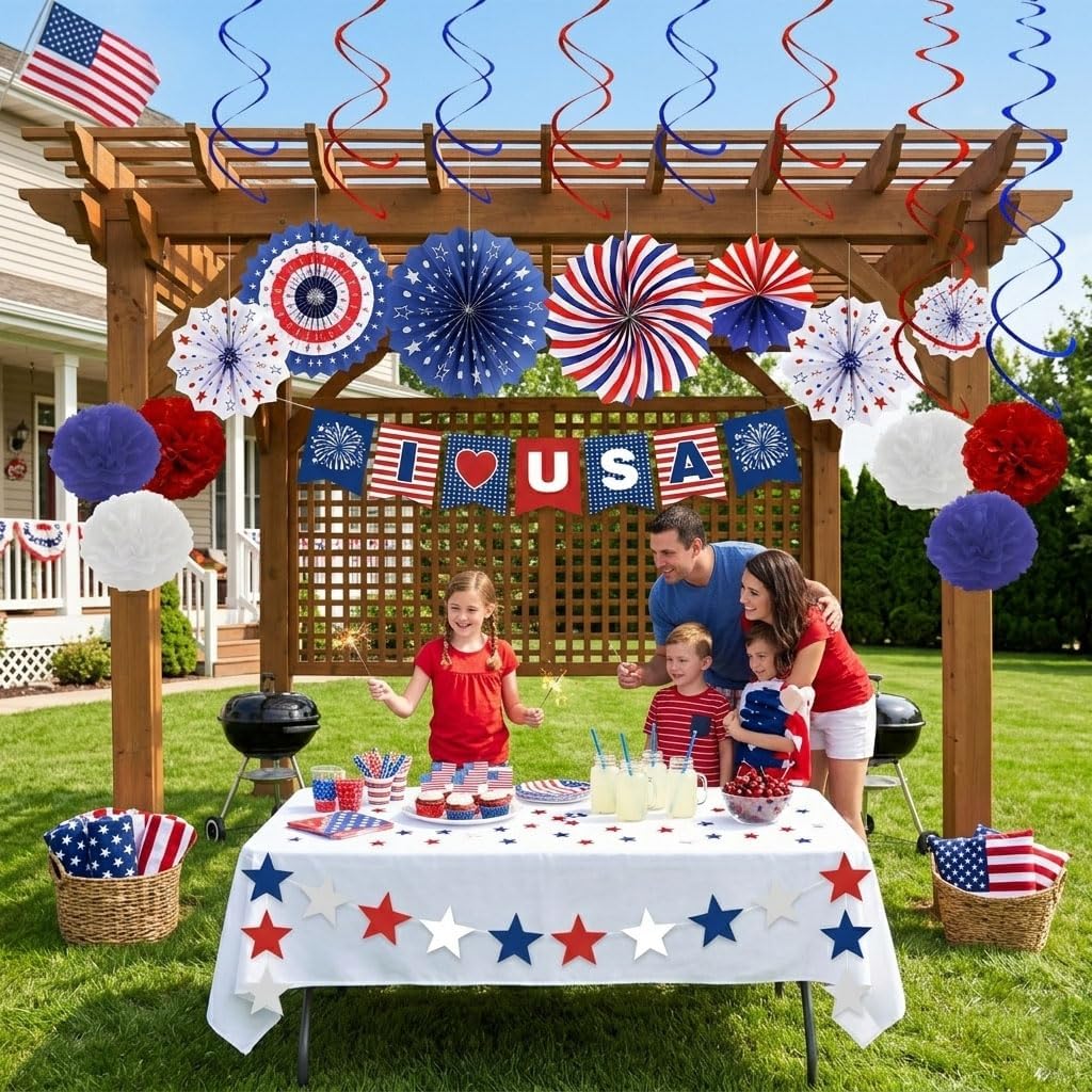 34PCS 4th of July Decorations Patriotic Decorations Love USA Banner Red White Blue Paper Fans, Star Streamer, Pom Poms, Hanging Swirls for Memorial Day Veterans Labor Presidents Flag