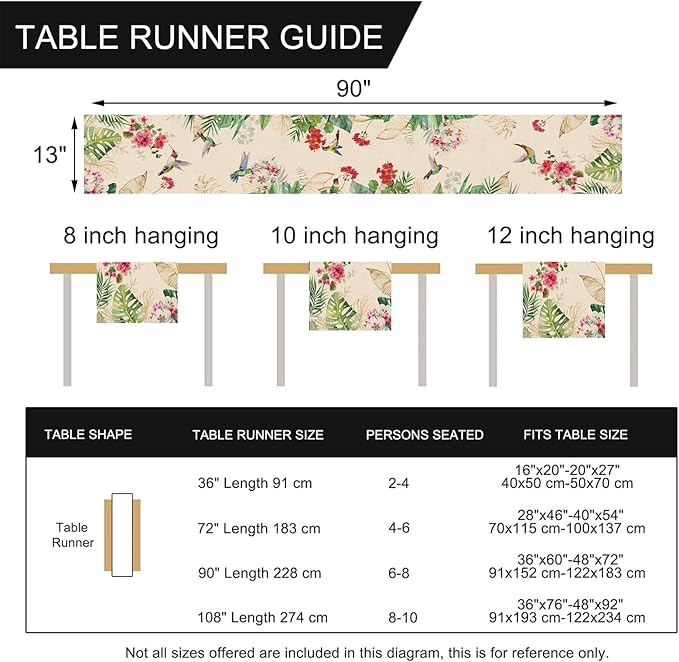 Seliem Summer Tropical Hummingbird Palm Leaf Greenery Table Runner, Spring Birds Home Kitchen Monstera Geranium Flowers Dining Decor, Seasonal Burlap Decorations Anniversary Party Supply 13 x 90 Inch