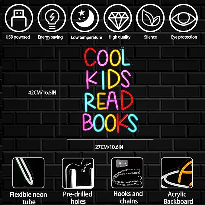 Cool Kids Read Books Neon Sign for Wall Decor, Reading Books Neon Light, Classroom Letter LED Light Up Sign for Library Classroom Reading Corner Bedroom Decor