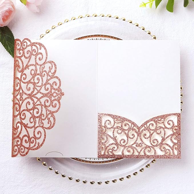 PONATIA 5.12 X 7.2 Rose Gold Glitter Wedding Invitations, 20PCS Tri-Fold Laser Cut Invitations Pockets With Envelopes For Wedding Bridal Shower Engagement Quinceanera Invitations (No Inner Sheet)