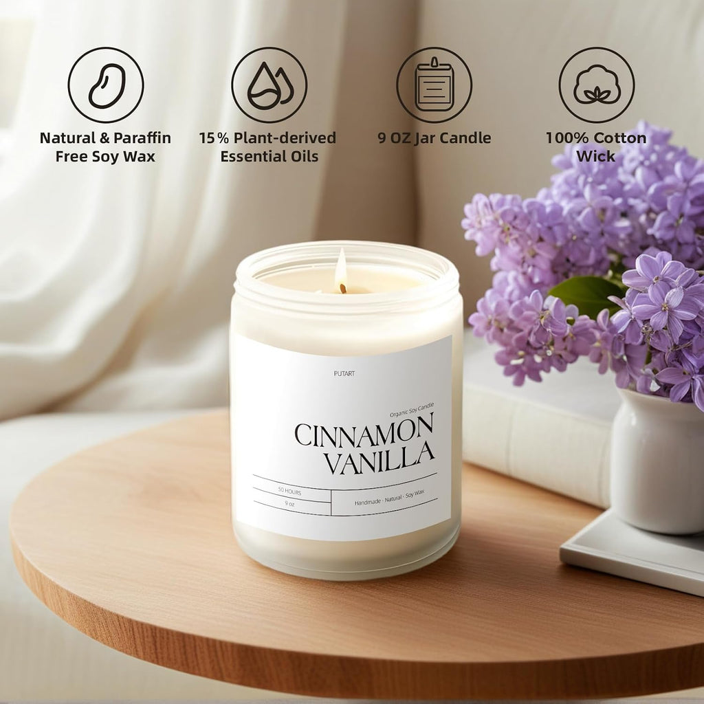 Cinnamon Vanilla Candles for Home Scented, Natural Soy Wax Aromatherapy Non Toxic Heavy Scented Candle with Essential Oil, Home Fragrance Stress Relief Jar Candles Gifts for Women & Men 9oz