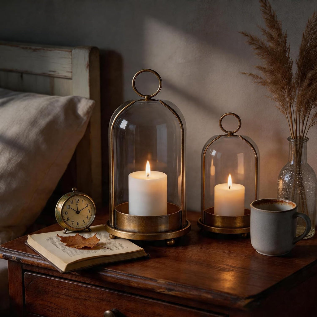 Hurricane Bell Jar Candle Holder Clear Dome Cover Holders with Iron Base Set of 2 Vintage Pillar Glass Candles Cloche for Tabletop Centerpieces or Hanging (1, Gold)