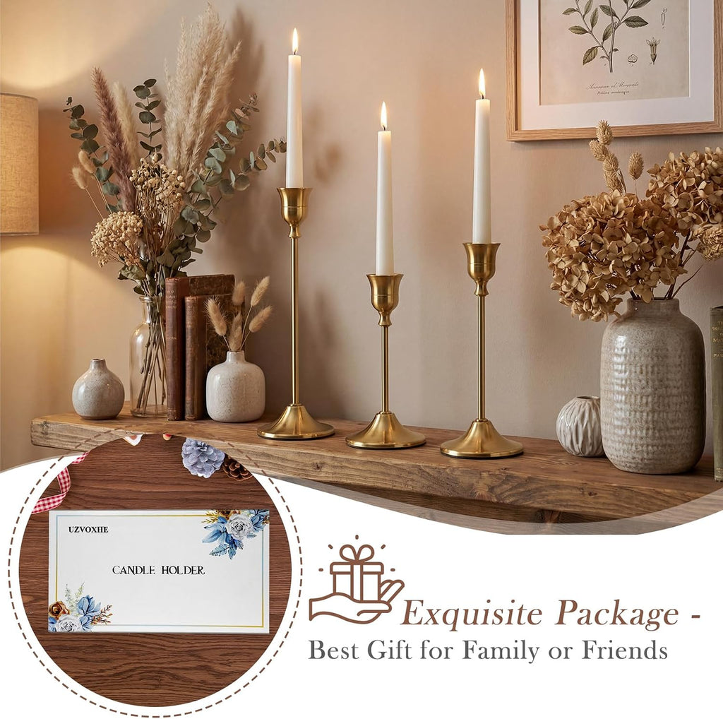 Gold Candlestick Holders Set of 6, Weighted, Metal Taper Candle Stick Holders, Vintage Christmas Brass Home Decor for Table, Mantel, Room Decorations Housewarming Gift Gold-6