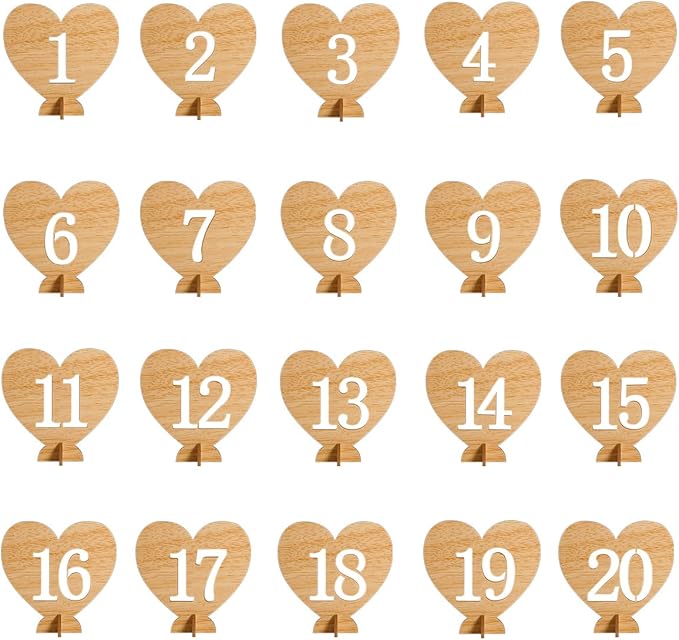Heart Shape Wooden Table Numbers 1-20 With Holder Base - Rustic Hollow Out Wood Cards for Wedding, Party, Event Decoration