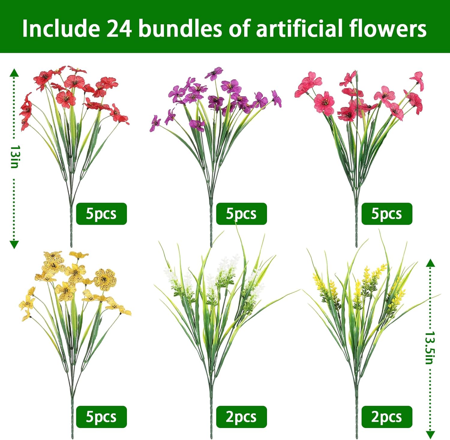 24 Bundles Realistic Fake Flowers for Outdoors, No Fade Faux Silk Flowers & Artificial Plants Lavender, for Garden Patio Porch Decor, Window Box, Hanging Basket, Planter, Grave Decorations