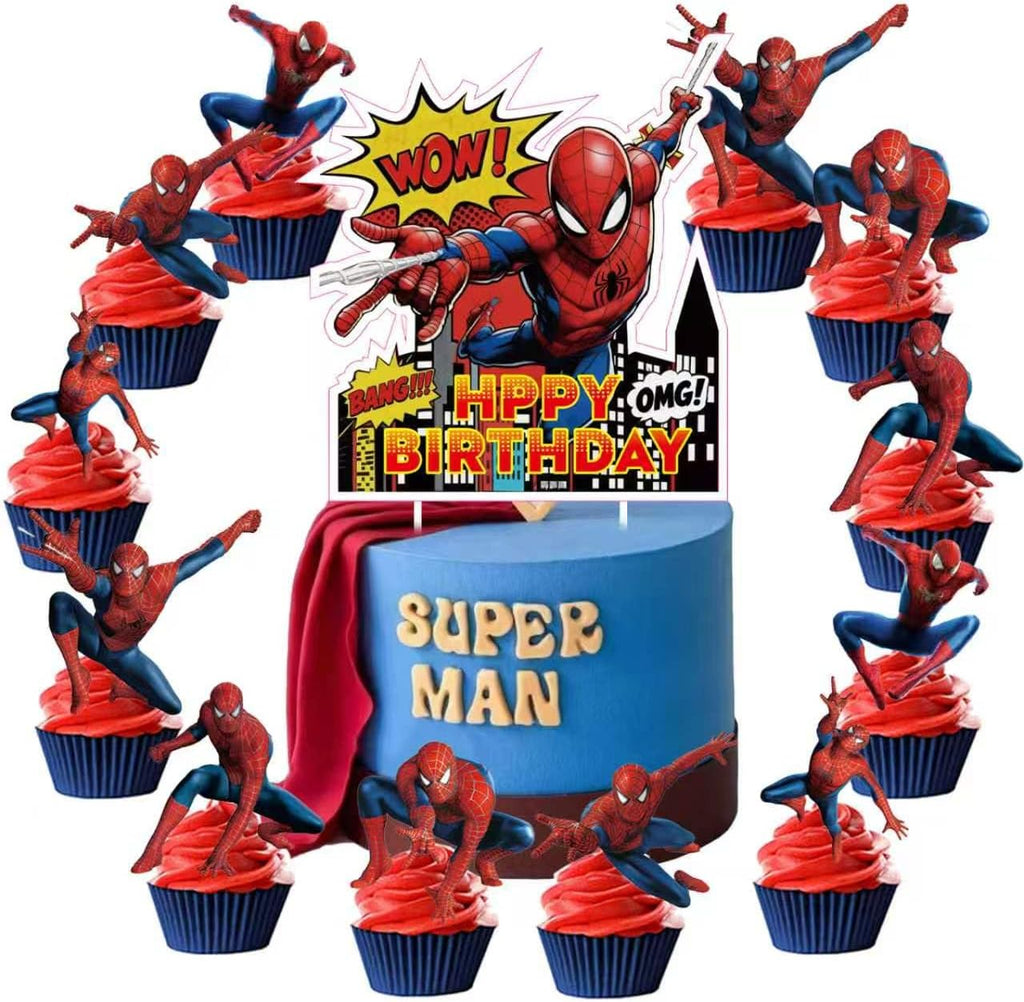 25Pcs For Spider Cake Decorations with 24pcs Cupcake Toppers, 1pcs Happy Birthday Cake Topper, Cartoon Themed Party Supplies, Perfect for Birthday Party Decorations