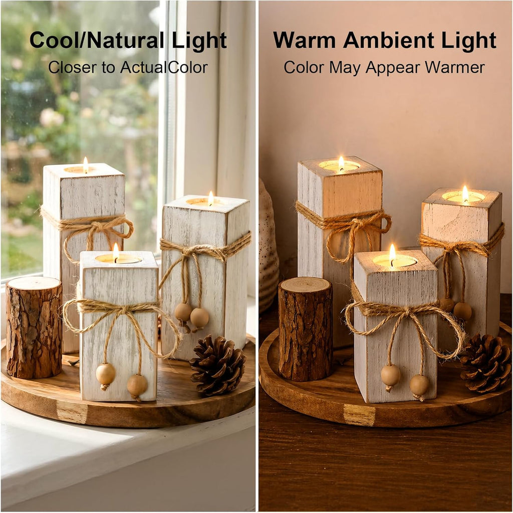 MelonBoat Rustic Flameless LED Candles 3-Pack, Battery Operated Candles with Wooden Candle Holders, White Rustic Farmhouse Decor, Farmhouse Candle Holder for Valentines Holiday Party Home Decor