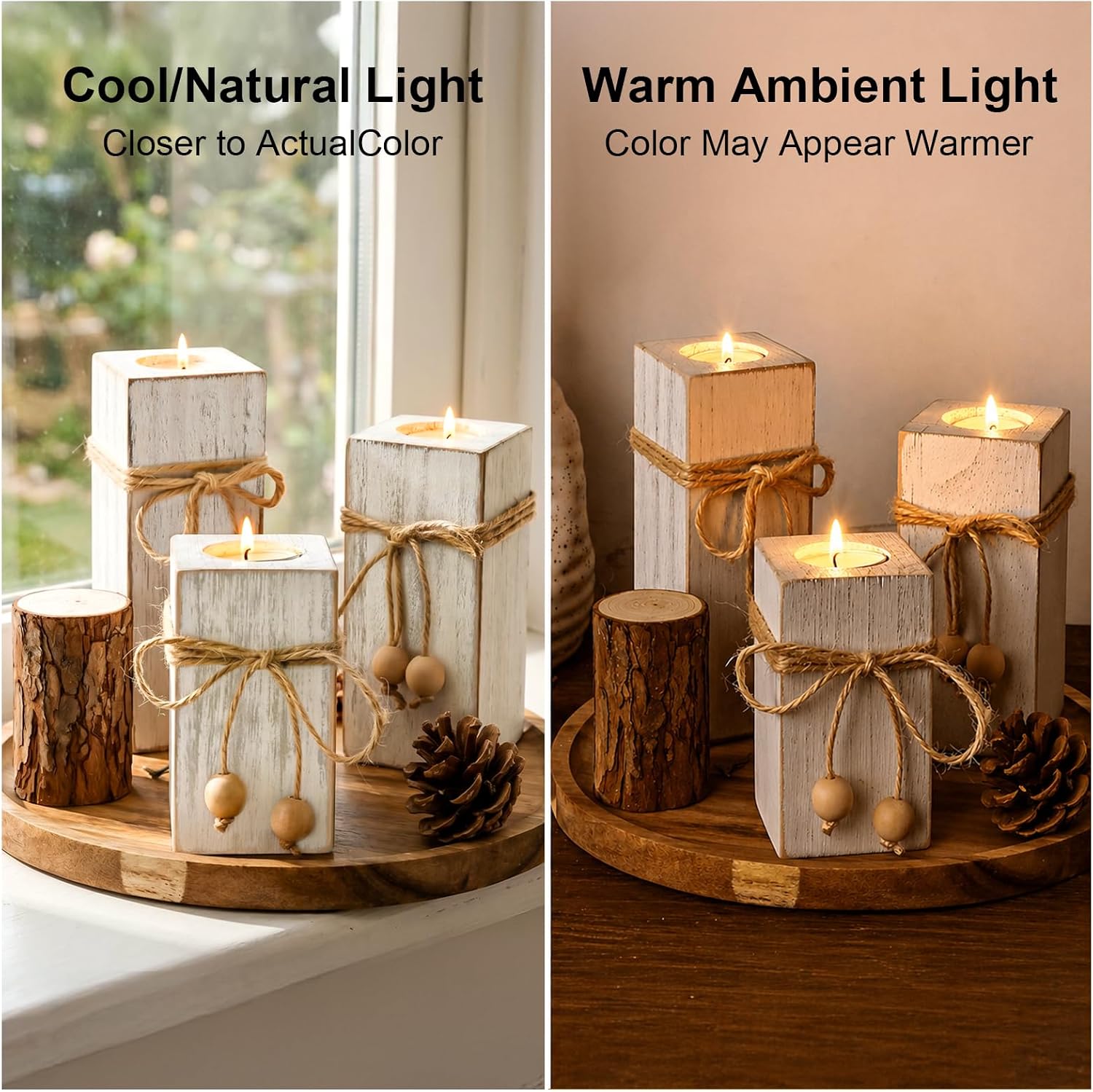 MelonBoat Rustic Flameless LED Candles 3-Pack, Battery Operated Candles with Wooden Candle Holders, White Rustic Farmhouse Decor, Farmhouse Candle Holder for Valentines Holiday Party Home Decor