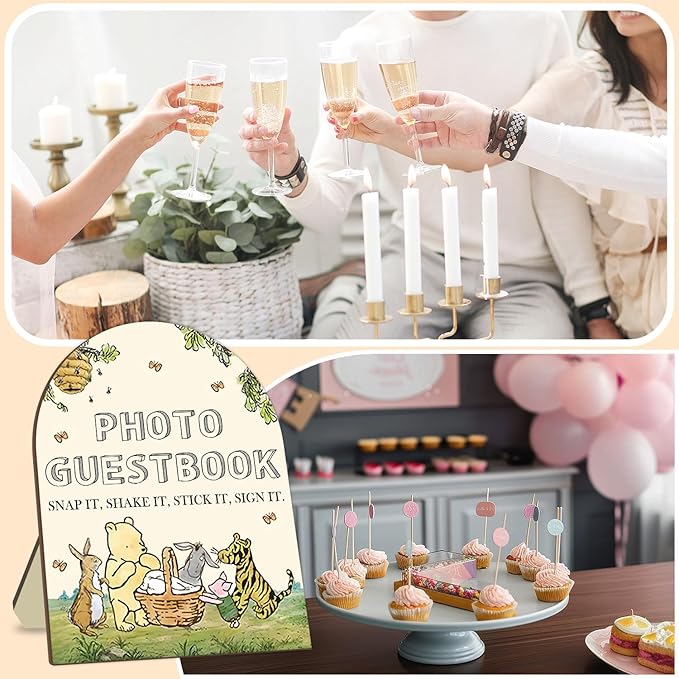 Winnie Wedding Photo Guestbook Desk Decor, The Pooh Photo Guestbook Wooden Sign, Baby Shower Party Decor, Wedding Party Supplies for Reception with Stand 8 * 10In