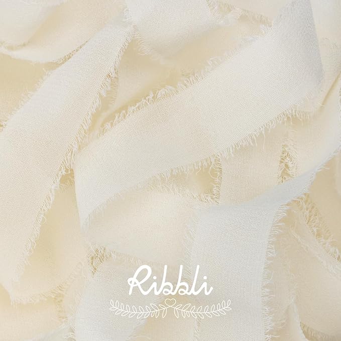 Ribbli Ivory Ribbon 1 Inch x 3 Rolls Total 24 Yards Ivory Handmade Fringe Chiffon Silk Ribbon for Wrapping Wedding Invitations Bridal Bouquets DIY Crafts Home Decor