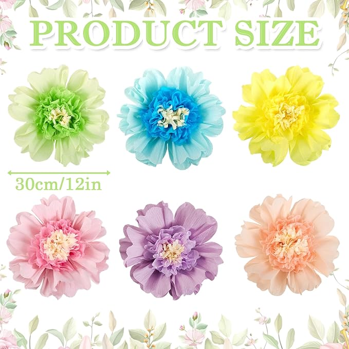 SUNBEAUTY Mexican Paper Flowers Decorations 6 PCS Colorful Fiesta Giant DIY Bulletin Board Large Pastel Tissue Paper Pom Poms 12" for Party Birthday Wedding Nursery Baby Bridal Shower Backdrop