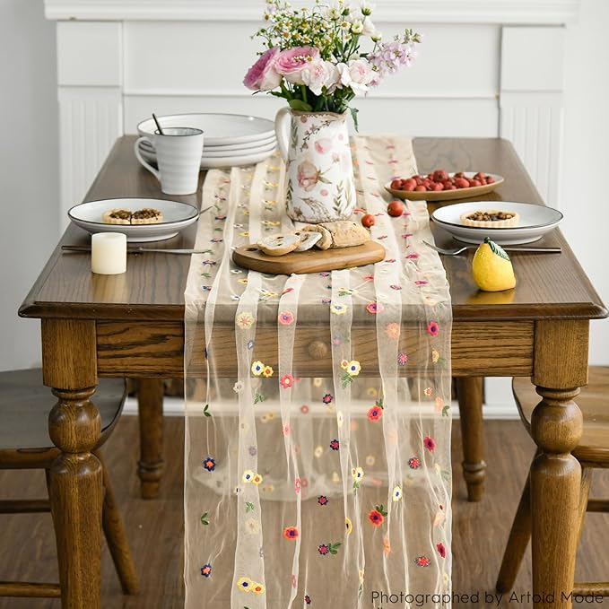 Artoid Mode 3PCS Champagne Embroidery Daisy Gauze Table Runner 120 Inch 10FT, Seasonal Sheer Kitchen Dining Holiday Wedding Birthday Table Decor for Home Party