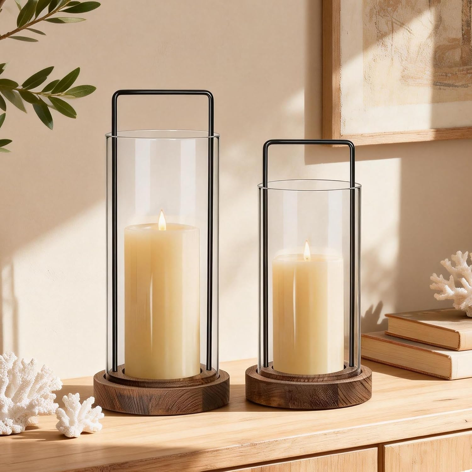 Houmury Farmhouse Candle Holder Decor Boho Glass Hurricane Lantern for Table Centerpieces Set of 2 Decorative Wood Metal Candle Holders for Living Room Dining Patio Home Decoration (Brown)
