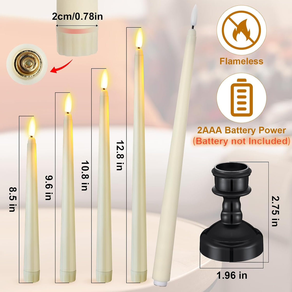 Rossesay 12 Pcs LED Taper Candles Holders, Black Holder & Ivory Candles