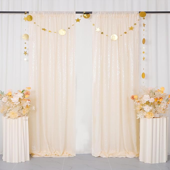 ShinyBeauty Ivory Sequin Backdrop 2 Pieces Photograph Backdrops 7FTx7FT Beige Backdrop Curtains Panels Sparkly Background Glitter Curtain for Wedding.Party,Baby Shower Backgrounds