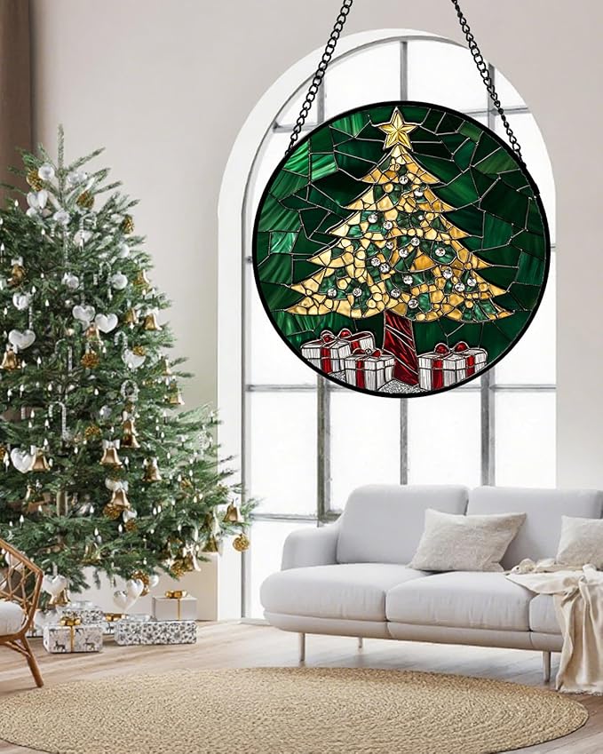 Stained Glass Window Hanging -Gold Green Christmas Tree Suncatcher for Doors Home Christmas Decoration Winter Sun Catcher Thanksgiving New Year Birthday Gifts for Women Men Mom Nana 15 in