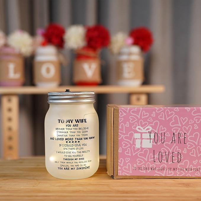 CNVOILA Valentines Day Gifts for Her, For Wife From Husband, Frosted Valentine Mason Jar, Stylish Home Decor, Anniversary Thoughtful Unique Present, Personalized Funny Gifts