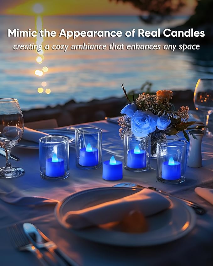 Amagic 24 Pack Blue LED Tea Lights, Flameless Votive Candles, Electric Fake Colored Candles, Battery Operated Tealights Candles for Halloween, Christmas, Home Decor, Wedding Table Centerpiece, Party
