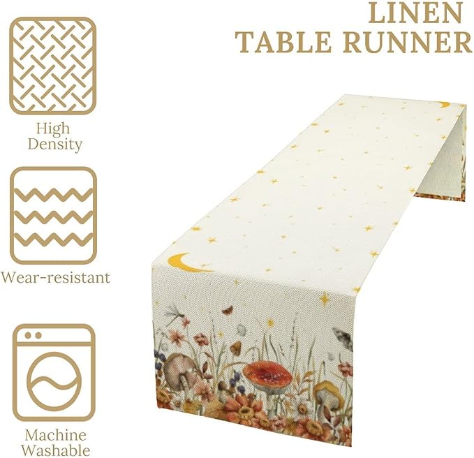 Mushroom Kitchen Table Runner, Gothic Moon Star Plants Witchy Moonlit Flower Butterfly Table Runner for Kitchen Dinner Living Room Drapes, 13x90 Inch White
