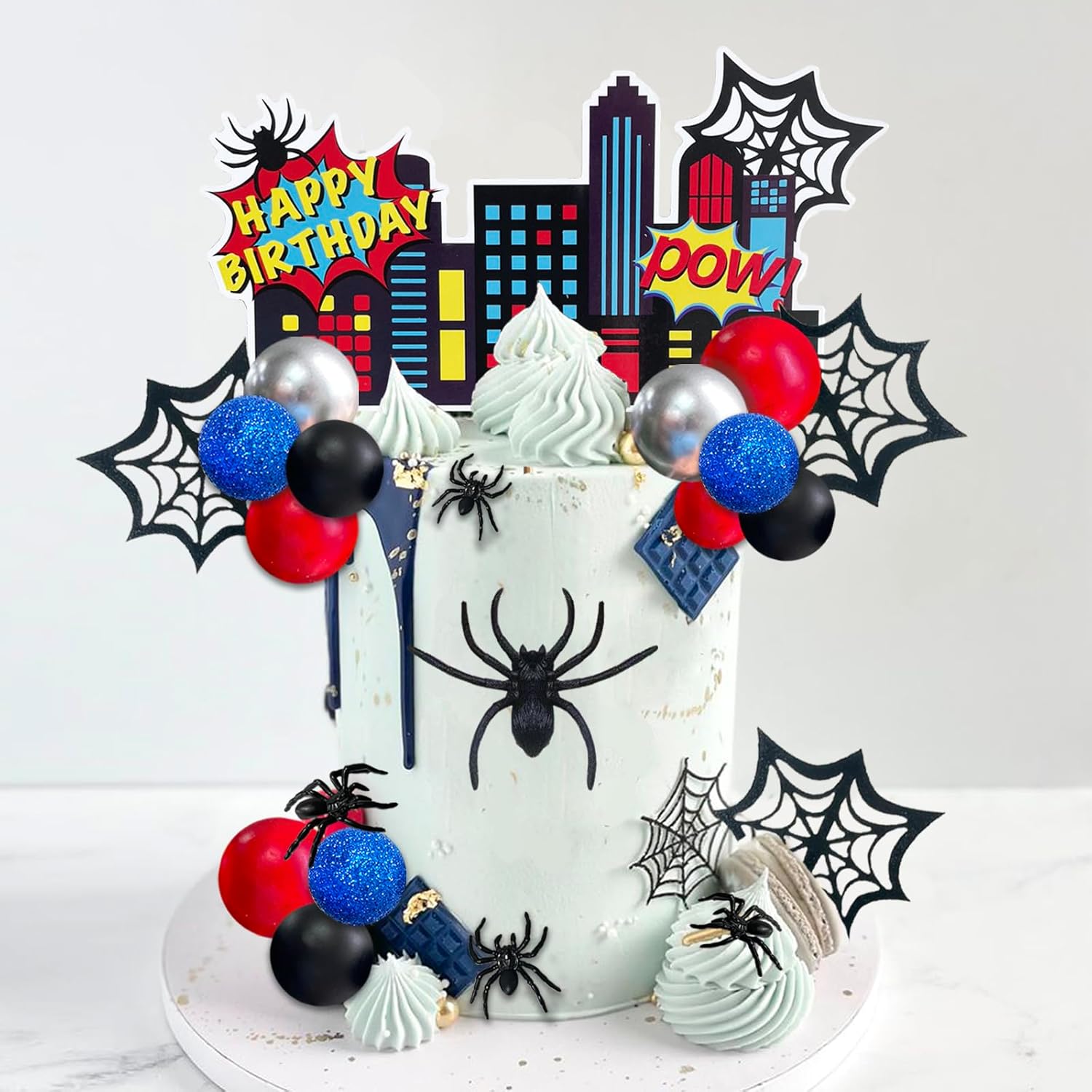 38pcs Spider Cake Topper Balls Cake Decorations Spider Web Cake Decor with Black Red Silver Glitter Blue Balls Spider City Theme Happy Birthday Topper for Boys Men Baby Shower Party Supplies