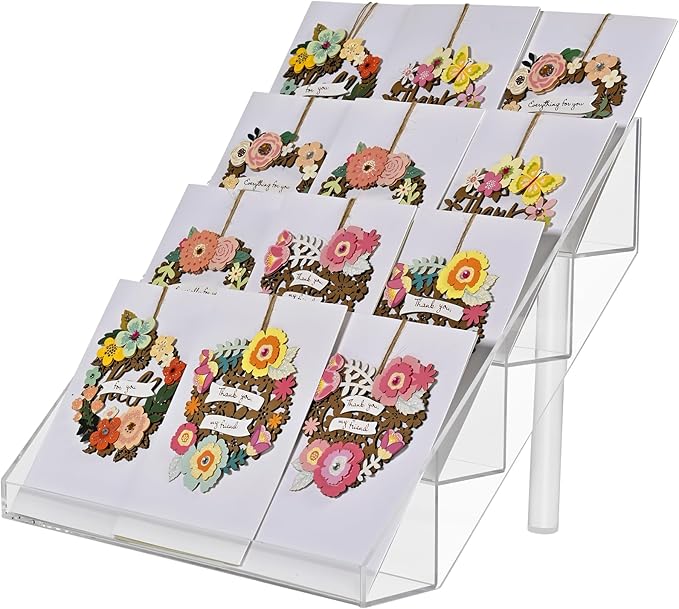 PecMuikee Greeting Card Display, 4 Tiers Clear Acrylic Sticker Display Stand for Vendors Retail, Display Photo Stand for Counter Tabletop Display Supplies, 1 Set