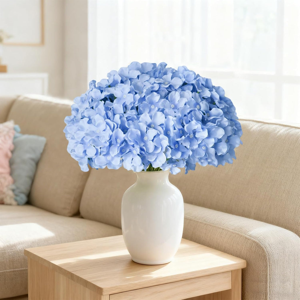 blue hydrangea artificial flowers bulk for home decor on a desk or shelf
