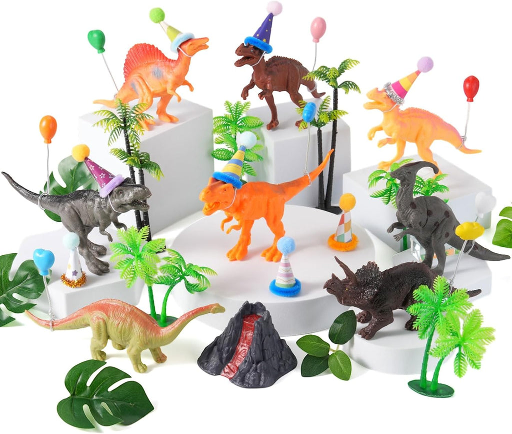 49 Pcs Dinosaur Birthday Cake Decorations, 8 Dinosaur Cake Topper with 1 Volcanic 8 Birthday Hat 8 Mini Balloon Decorations 24 Green Artificial Plant Decorations