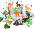 49 Pcs Dinosaur Birthday Cake Decorations, 8 Dinosaur Cake Topper with 1 Volcanic 8 Birthday Hat 8 Mini Balloon Decorations 24 Green Artificial Plant Decorations