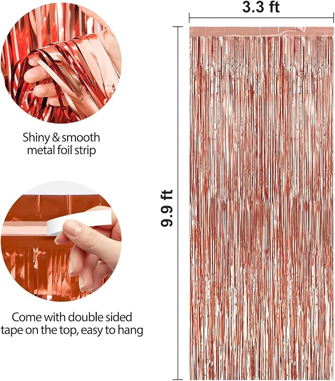 Crosize 8 Pack 3.3 x 9.9 ft Rose Gold Foil Fringe Curtains Party Decorations, Rose Gold Tinsel Curtain Backdrop for Parties, Door Streamers, Glitter Streamer Backdrop for Birthday Decoration