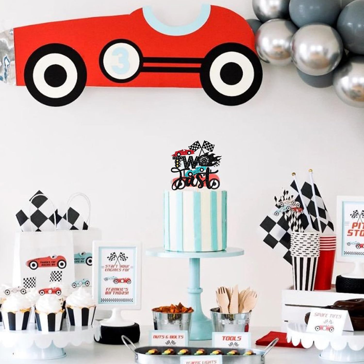 1 PCS Two Fast Cake Topper Glitter Checkered Flag Racing Car 2nd Cake Pick Cars Birthday Decorations for Let's Go Racing Car Boys Girls 2 Years Second Birthday Party Cake Decorations Supplies
