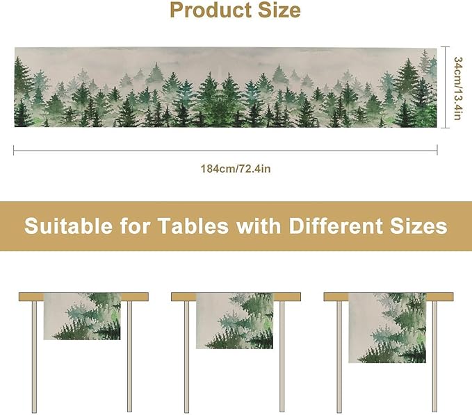 Foggy Forest Table Runner,Green Forest Natural Landscape Table Runner for Kitchen Dining Table Home Party Decoration 13x60 Inch
