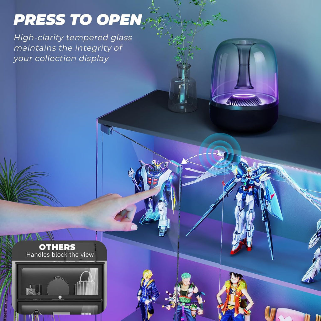versiontech. glass display cabinet with rgb led lights showing dimensions