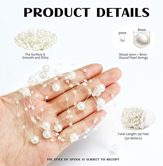 99 Feet Fishing Line Artifical Pearl Strings for Crafting, Faux Pearl Garland Strands for Floating Candle Vases Filler Wedding Centerpiece Bouquet Christmas Tree Party Decoration, Ivory