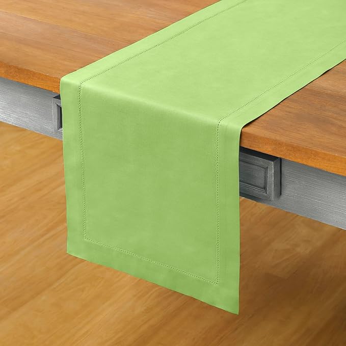Solino Home Table Runner 90 Inches Long - Cotton Linen Hemstitch Apple Green Table Runner 14 x 90 Inch