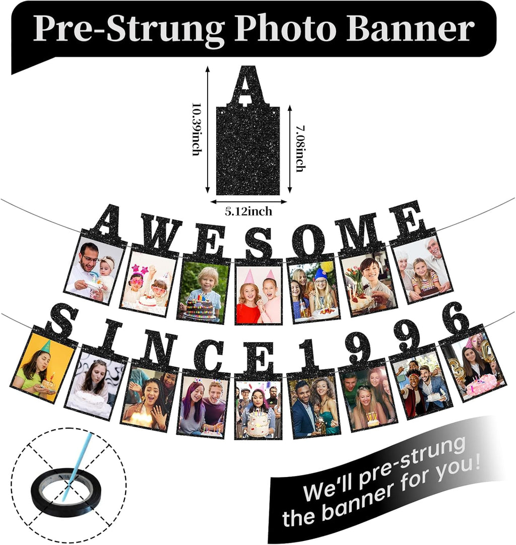 Pre-strung Awesome Since 1996 Photo Banner Birthday Decorations for Her Him- Black Glitter 30th Birthday and Anniversary Decorations Party Supplies for Women Men