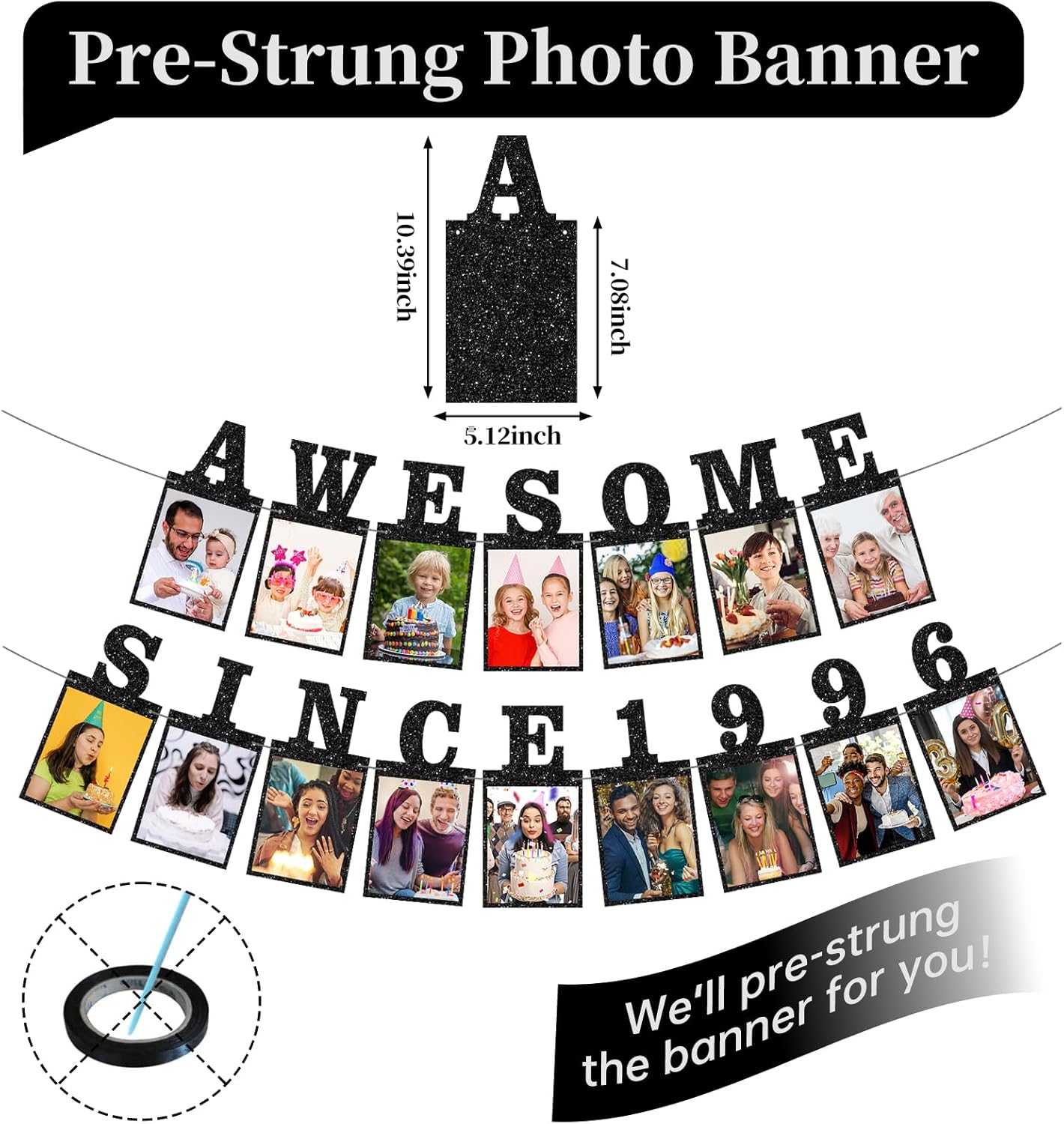 Pre-strung Awesome Since 1996 Photo Banner Birthday Decorations for Her Him- Black Glitter 30th Birthday and Anniversary Decorations Party Supplies for Women Men