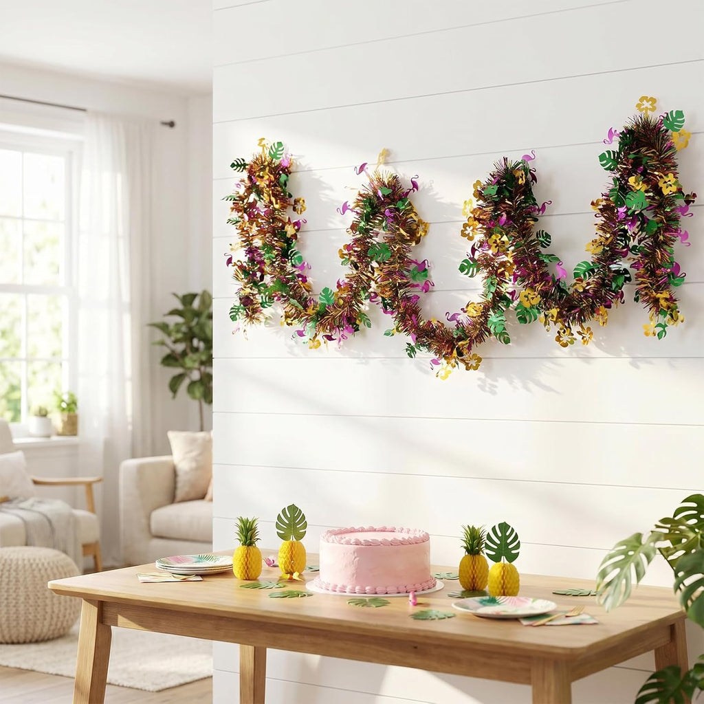 4Pcs Hawaiian Tinsel Garland Tropical Decorations for Hawaii Party Supplies | Glitter Tropical Summer Garland Decorations for Summer Garlands Hawaii Flower Banner Holiday Decor