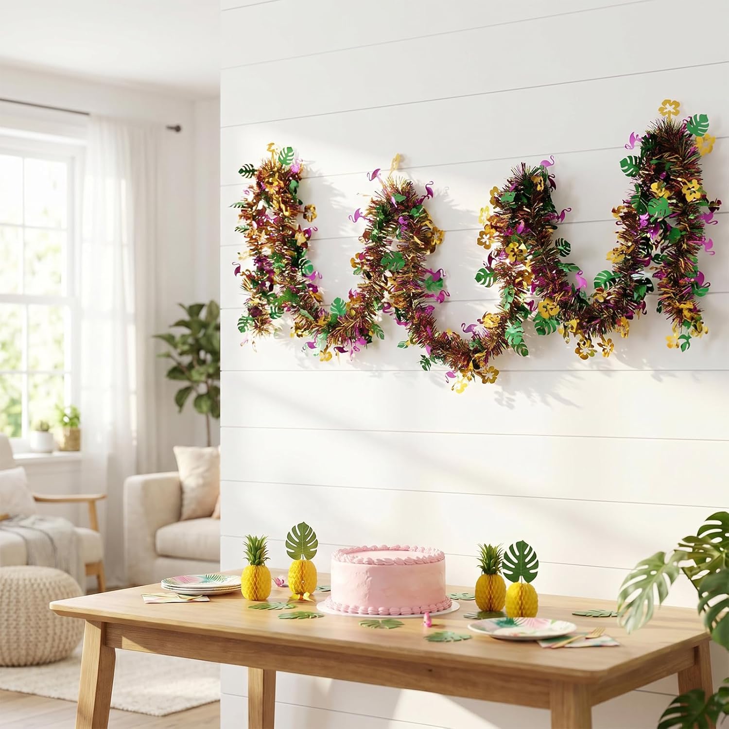 4Pcs Hawaiian Tinsel Garland Tropical Decorations for Hawaii Party Supplies | Glitter Tropical Summer Garland Decorations for Summer Garlands Hawaii Flower Banner Holiday Decor