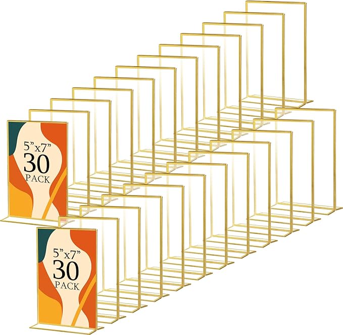 Hoteam 30 Pack 5 x 7 Clear Acrylic Sign Holder with Gold Borders, Gold Picture Frame, Double Sided Wedding Table Number, Acrylic Menu Stands for Wedding Table, Restaurant Sign, Photos