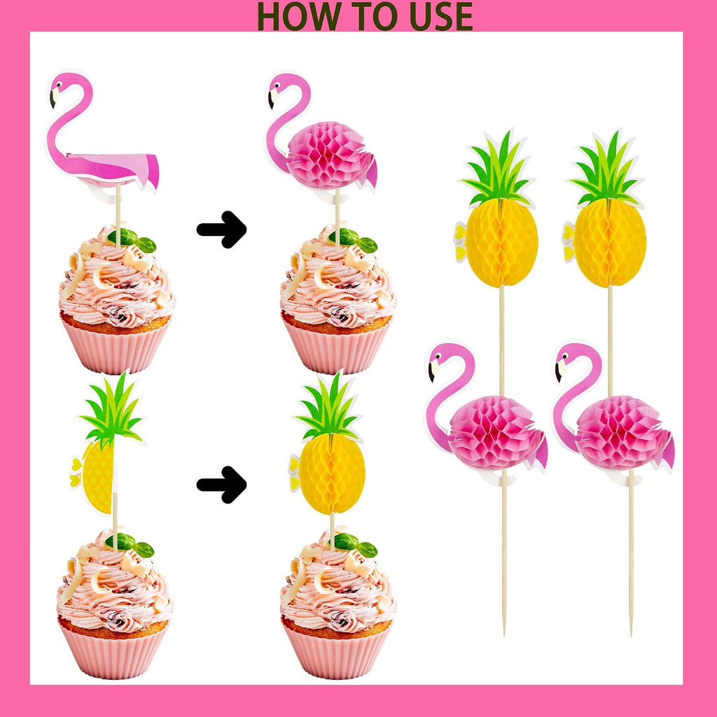 Gyufise 32Pcs Tropical Cupcake Toppers Glitter Luau Cake Topper Aloha Cupcake Picks Pineapple Flamingo Cupcake Decorations for Hawaiian Theme Baby Shower Birthday Party Supplies Pink Yellow Green