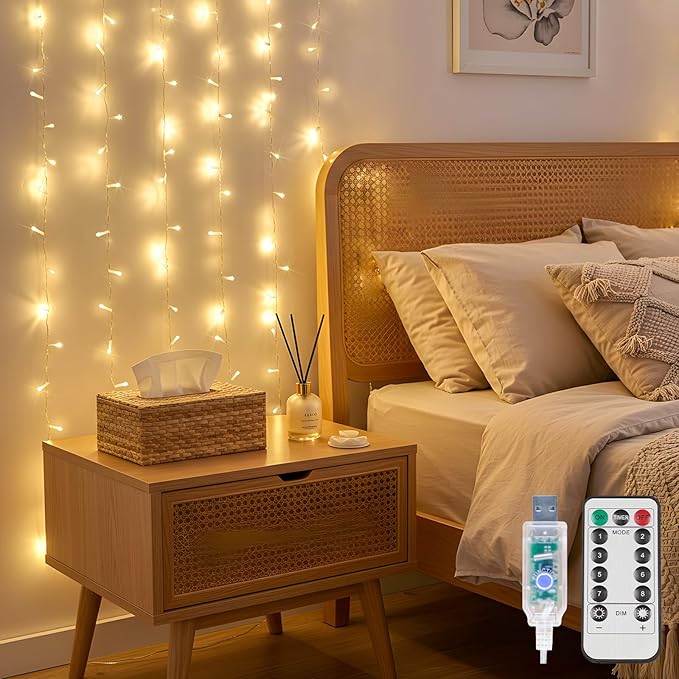 suddus Curtain Lights for Bedroom, 90 Led Hanging String Light Outdoor, Fairy Curtain Lights Indoor for Christmas, Dorm, Wall, Backdrop, Window, Wedding, Party, Birthday Decor, Warm White