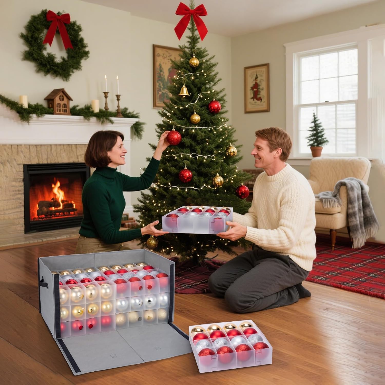 BALEINE Christmas Ornament Storage Box with Dividers, Premium Holiday Ornaments Storage Container Bin for Xmas Decorations (128 Ball, Grey, Hard)