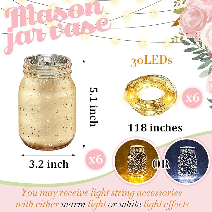 Layhit 6 Pcs Painted Mason Jars Colored Painted Mason Jars Centerpiece for Table with 6 Pcs 9.84 ft 30 LED Operated Fairy Lights for Wedding(Gold)