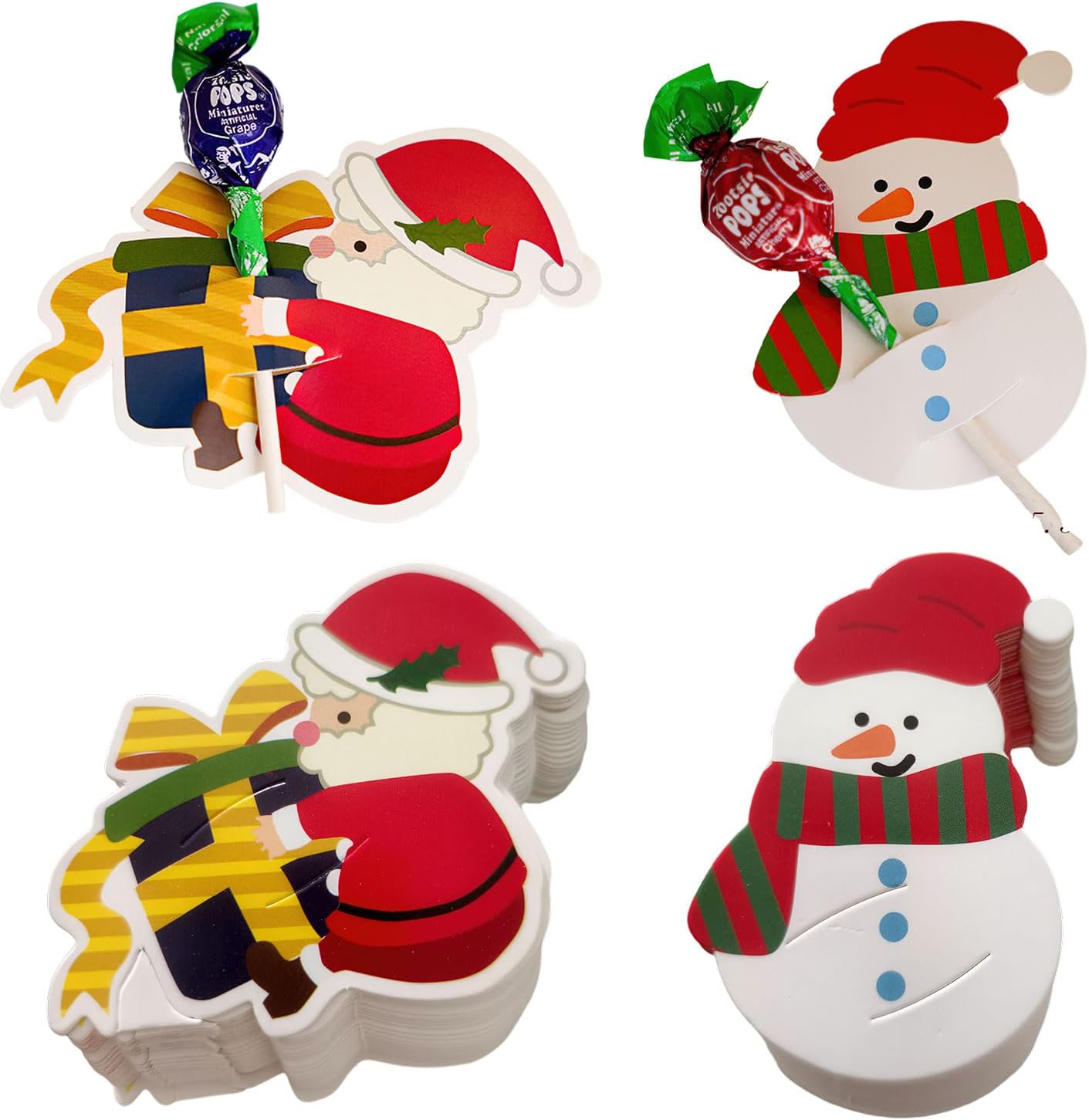 100 Pcs Christmas Lollipop Paper Cards DIY Santa and Snowman Cartoon Paper Candy Holders Lollipop Candy Holder Party Supplies Decorated