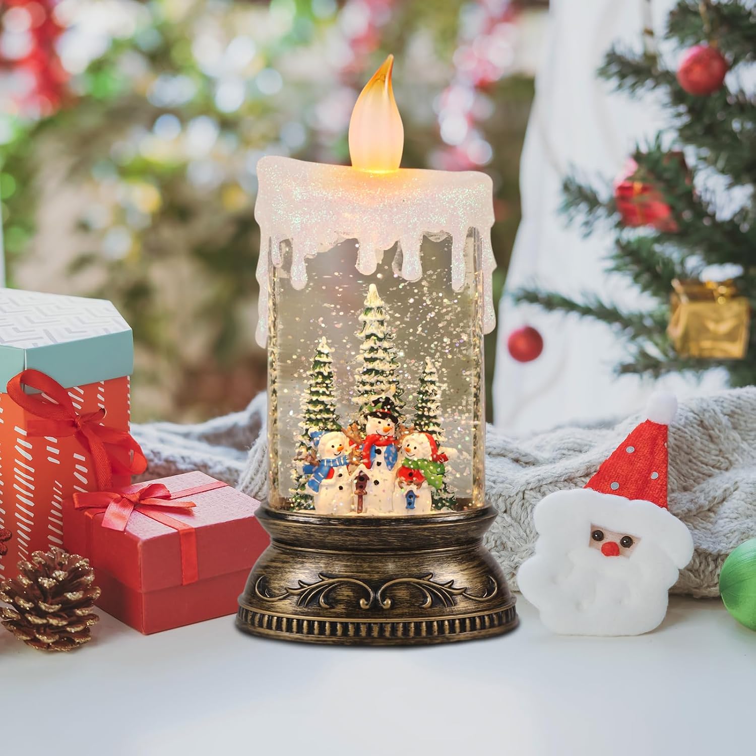 GenSwin Christmas Snow Globe Candle, Swirling Glittering Candle with Timer Music and 3 Snowman Scene, Winter Snow Shaped Lantern, USB/Battery Operated Candles for Christmas Indoor Decoration(8 Songs)
