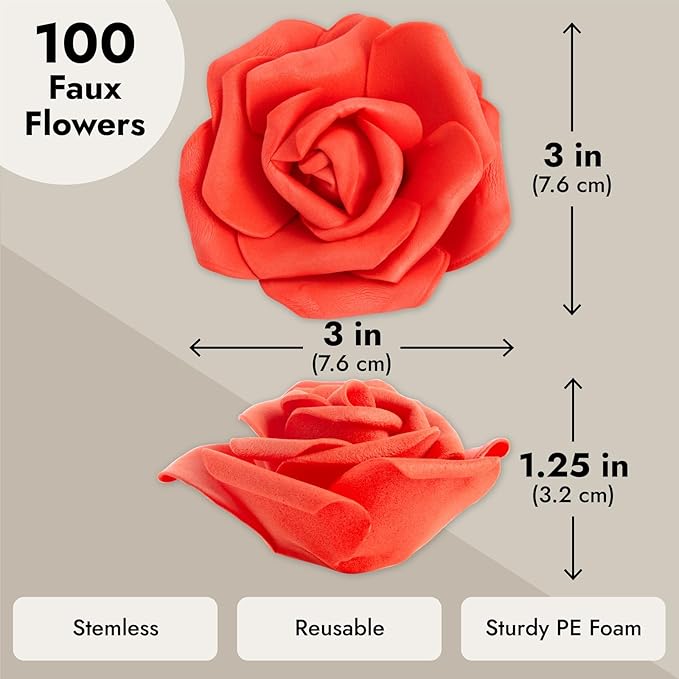 Juvale 100 Pack Red Artificial Flowers for Wedding Decor - 3 in Diameter Foam Carnations - Centerpiece Table Decorations & Wedding Decorations - Faux Flowers for Vase