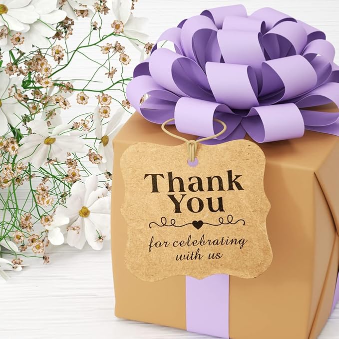 SallyFashion 150 PCS Thank You Brown Gift Tags with String, 2 x 3 Inches Paper Gift Tags for Party Favors Weddings, Bridal and Baby Showers Birthdays